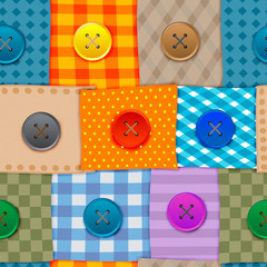 Seamless pattern of multi-colored shreds  and button of fabric sewn by thread