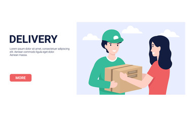 Delivery man and woman customer.  Concept for banner, poster, layout, website. Flat modern vector illustration.