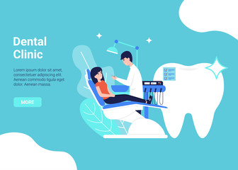 Dental clinic and health care flat vector concept. Doctor dentist and patient woman in chair. Illustration for web page, banner, poster, template, layout.