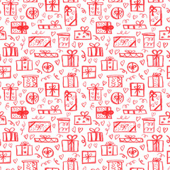 Many scatterred presents, gifts. Hand drawn seamless pattern. Red presents with hearts and doodles...