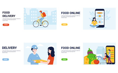 Set delivery and order food online concepts. Flat vector illustration in modern style for landing page, template, website, app, poster, banner, layout. 