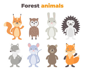 Obraz na płótnie Canvas Cute forest animals set in flat style isolated on white background. Cartoon wild mouse, hedgehog, fox, hare, squirrel, owl, wolf, bear.