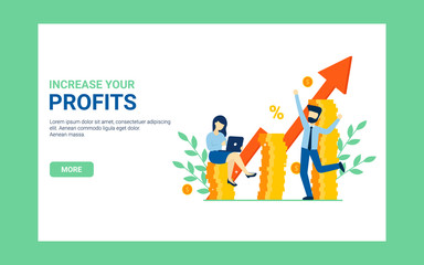 Business concept increase your profits banner. Flat vector cartoon man and woman characters, coins illustration. Profit growth web poster.