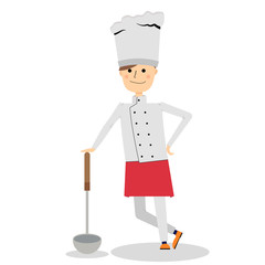 Young chef leaned on a kitchen spoon. White background. Vector