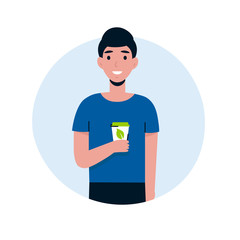 Young guy use eco cup, coffee in reusable glass. Ecology happy man character. Save the planet, zero waste life style. Flat vector cartoon illustration.