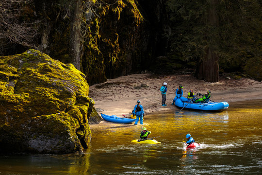 A a group of rafters and kayakers hanging out in a lush  idyllic bay on the Lochsa River in Idaho