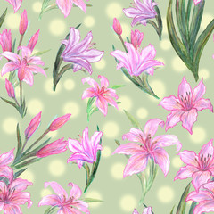 Watercolor seamless pattern with flowers lilies. Colorful floral elements, hand painted illustration.
