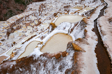 Landscape of the salt terraces of Maras ( Salineras de Maras) in the Andes mountain range in the...