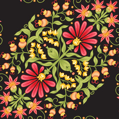 Tradition mughal motif, fantasy flowers in retro, vintage style. Seamless pattern, background. Vector illustration. Isolated on black background..