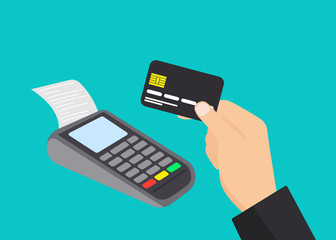 Payment terminal and male hand holding credit card. Pos machine illustration. Flat vector design isolated.