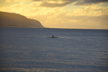 Lone Outrigger Canoe Paddler During Sunset, Off the Coast of Oahu, Hawaii