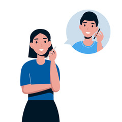 Fototapeta premium Woman talking by telephone with boyfriend. Communication and conversation with smartphone. Flat vector cartoon illustration of phone call, speaking, calling and chatting. 