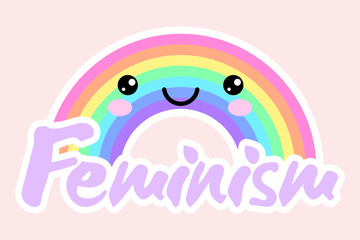 Feminist LGBT symbolisc. Feminism happy rainbow sticker. Cute kawaii rainbow. Rainbow with inscription "Feminism". Vector illustration. Feminist logo