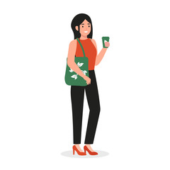 Young girl use eco bag and coffee in reusable glass. Ecology happy woman character with eco cup. Save the planet, zero waste life style. Flat vector cartoon illustration isolated white background.