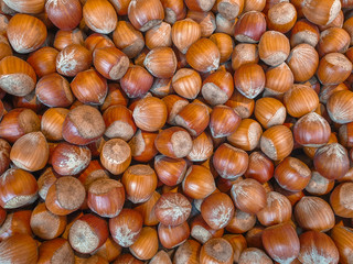 Hazelnuts on a platter. Background of brown nuts. 