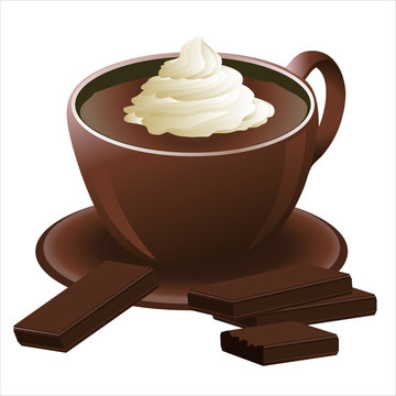Illustration vectorielle d’un bol de chocolat chaud avec sa chantilly avec des chocolat noir à croquer.
