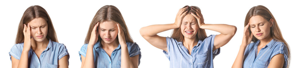 Set with young stressed woman on white background