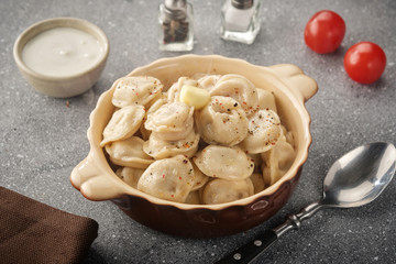 Homemade meat dumplings - russian pelmeni. Dumplings, filled with meat, ravioli. Dumplings with filling