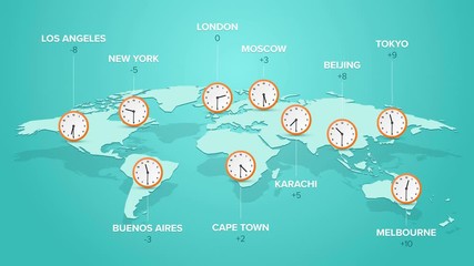 clock with time in big cities on blue world map time zone illustration on planet earth - Powered by Adobe