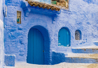 Streets and Facades of the blue houses in Chefchaouen, Morocco