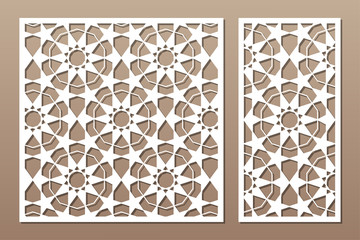 Set decorative card for cutting. Arabic pattern geometric mosaic pattern. Laser cut. Ratio 1:1, 1:2. Vector illustration.