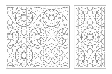 Set decorative card for cutting. Arabic pattern geometric mosaic pattern. Laser cut. Ratio 1:1, 1:2. Vector illustration.