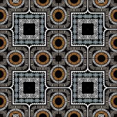 Geometric greek vector seamless pattern. Floral abstract ornamental background. Greek key meanders ornament with flowers, squares, shapes, borders, frames, circles. Decorative colorful ornate design