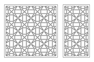 Set decorative card for cutting. Linear square geometric mosaic pattern. Laser cut. Ratio 1:1, 1:2. Vector illustration.