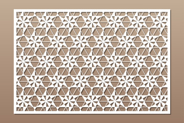 Decorative card for cutting. Linear square geometric mosaic pattern. Laser cut. Ratio 3:2. Vector illustration.