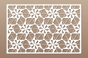 Fototapeta premium Decorative card for cutting. Linear square geometric mosaic pattern. Laser cut. Ratio 3:2. Vector illustration.
