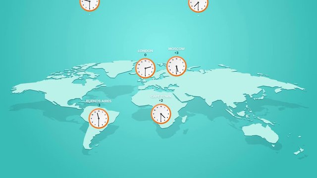 animation blue world map with orange clock with selected major cities in different time zones