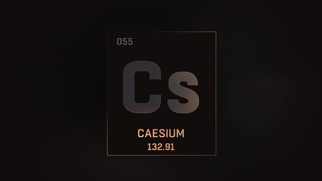 Cesium as Element 55 of the Periodic Table. Seamlessly looping 3D animation on grey illuminated atom design background with orbiting electrons. Design shows name, atomic weight and element number