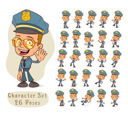 Cartoon funny police boy character with sunglasses and golden badge in different positions. Layered vector for animations. Isolated on white background. Big icon set.