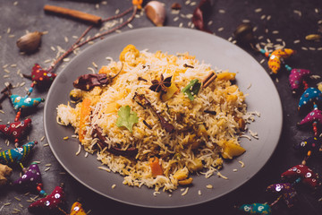 Biryani rice (Vegetable biryani). Indian basmati rice, curry vegetables and spices. Indian kitchen