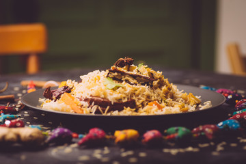 Biryani rice (Vegetable biryani). Indian basmati rice, curry vegetables and spices. Indian kitchen