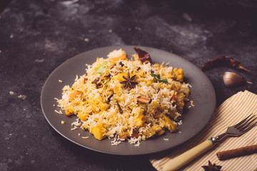 Biryani rice (Vegetable biryani). Indian basmati rice, curry vegetables and spices. Indian kitchen