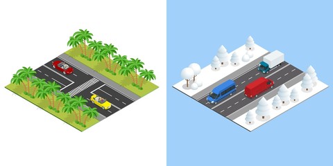 Isometric Roads with cars in summer, and road in winter. Winter Driving and road safety. The car rides on a slippery road. Cars on winter busy road. © Golden Sikorka