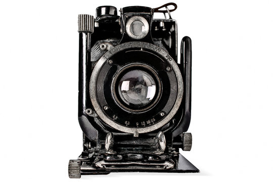 A drawing of an old black camera on white background, isolated.