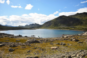 View of the Bygdin Lake from the Bygdin Mountain Hotel, near the Jotunheimen National Park, Norway
