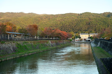 Obraz premium Kyoto,Japan-November 14, 2019: Funadamari, Biwako Sosui, Kamo-gawa Canal and Outou Canal in Kyoto