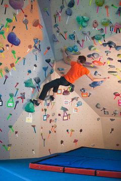 Ty Morrison-Heath boulders at the Spire Climbing Center in Bozeman, Montana.