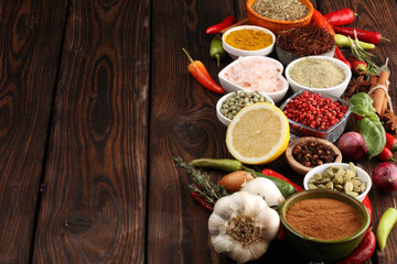 Spices and herbs on table. Food and cuisine ingredients for good cooking