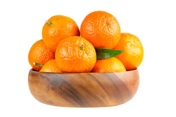 fresh tangerine mandarin orange fruits in wooden bowl isolated on white