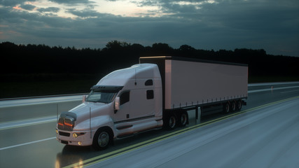 Obraz na płótnie Canvas Semi trailer. Truck on the road, highway. Transports, logistics concept. 3d rendering