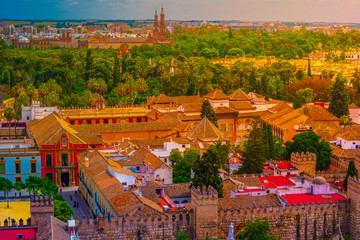 Obraz premium Aerial view of Seville city and Cathedral of Saint Mary of the See in Seville, Andalusia, Spain, Europe