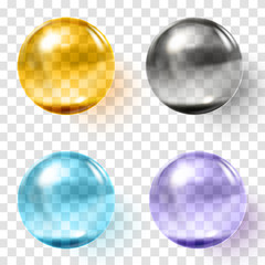 Set of multicolored transparent glass spheres with shadows