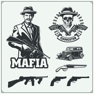 Set of gangsters and mafia emblems, labels and design elements. Street wars elements, guns, vintage cars and skulls.