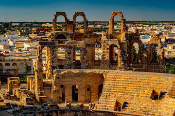 The Roman amphitheater of Thysdrus in El Djem or El-Jem, a town in Mahdia governorate of Tunisia.