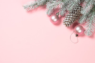 Christmas pink flat lay background.