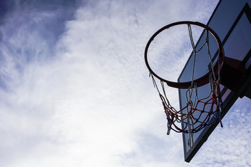 basketball hoop and net against blue sky